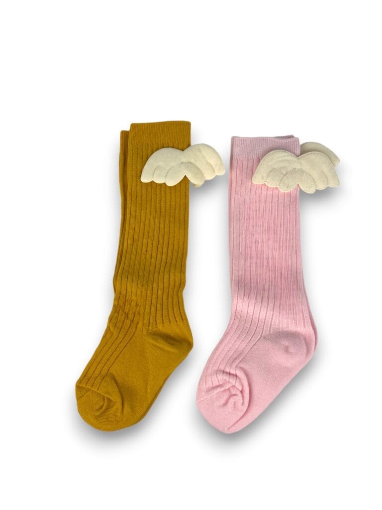 Set 2 perechi sosete pentru copii cu aripi de ingeras roz deschis-galben 1-3 ani